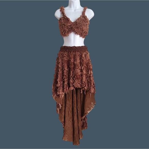 Marcia Active Wear Brown 2 Piece Rag Steampunk Medieval Grunge Hi-Low Skirt M - Picture 1 of 15